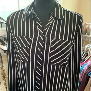 Black and off-white, long-sleeved blouse